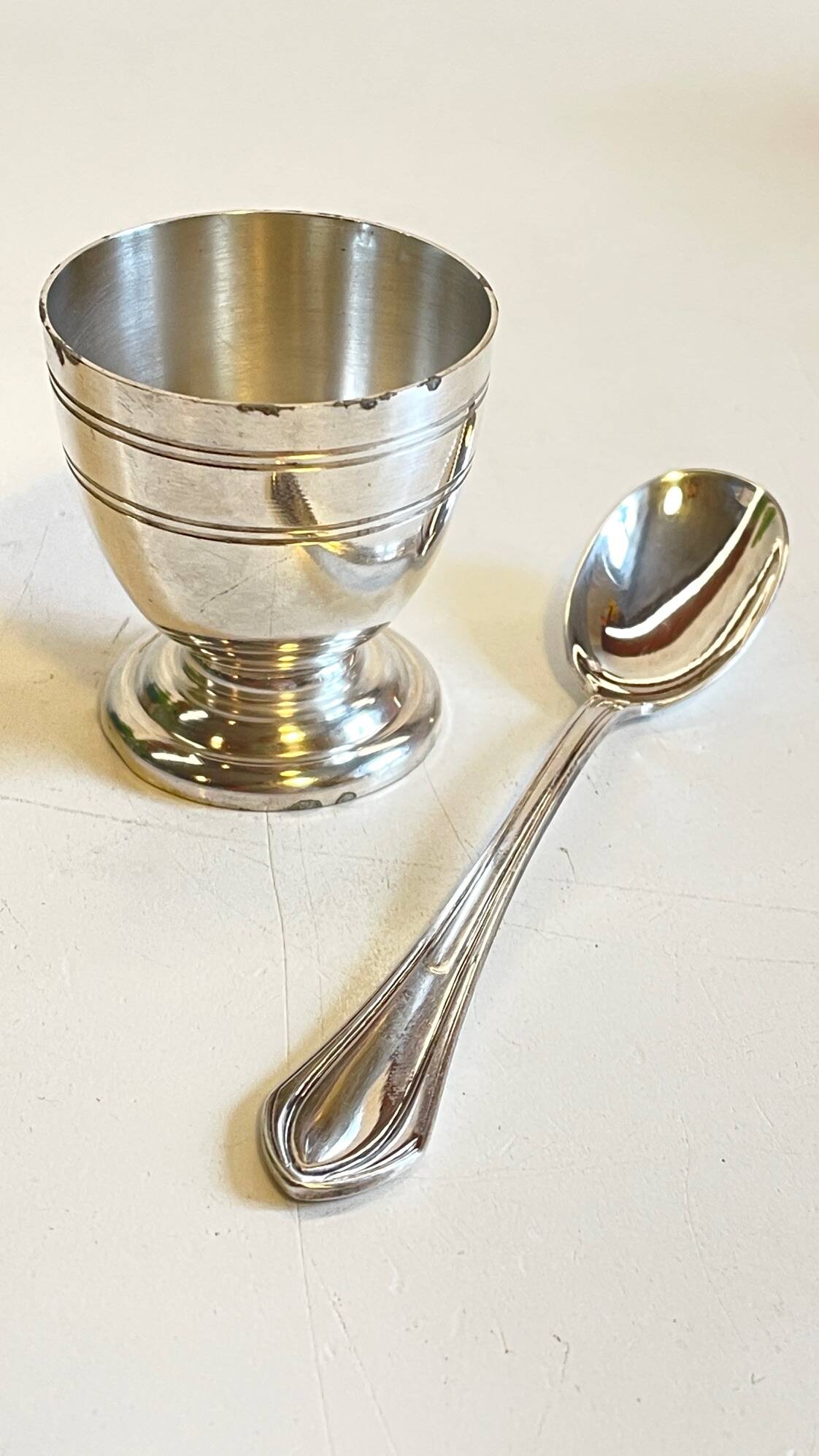 Vintage Silver-Plated Metal Egg Cup and Spoon for Birth