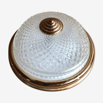 Plafonnier verre moulé & support métal doré