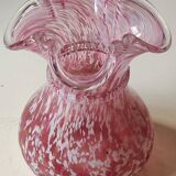 Boule Vase/Clichy Glassware. Scalloped collar. Variegated pink/white. Dim 20 x 15 cm