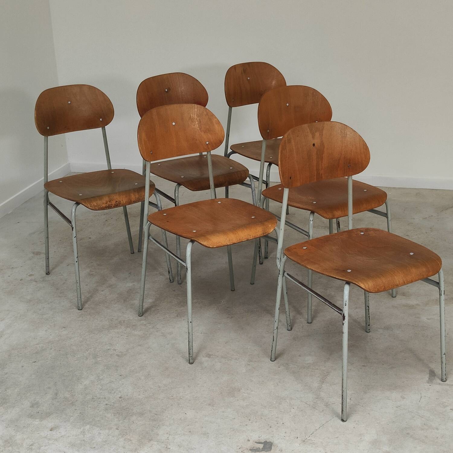 Set of 8 industrial style school chairs, Czechoslovakia 1950