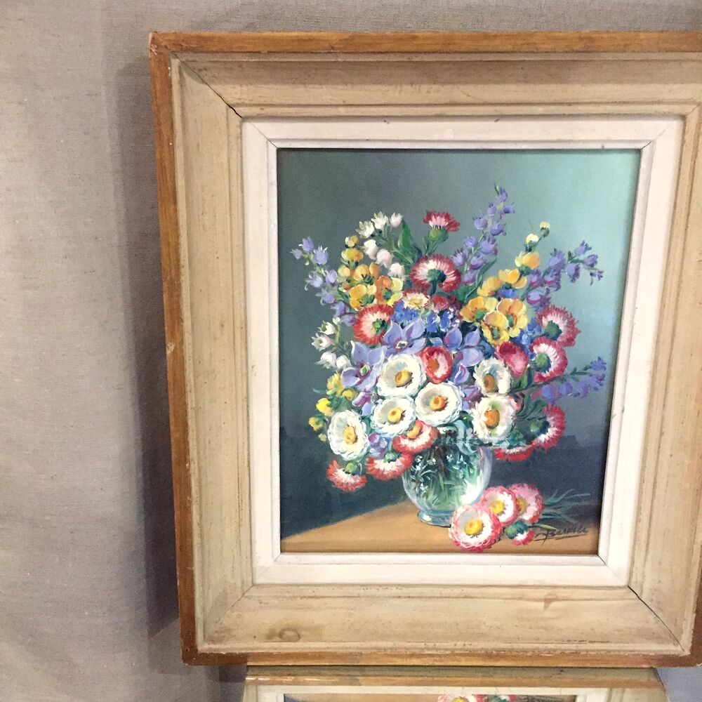 Oil on canvas bouquet of flowers sign c barnier