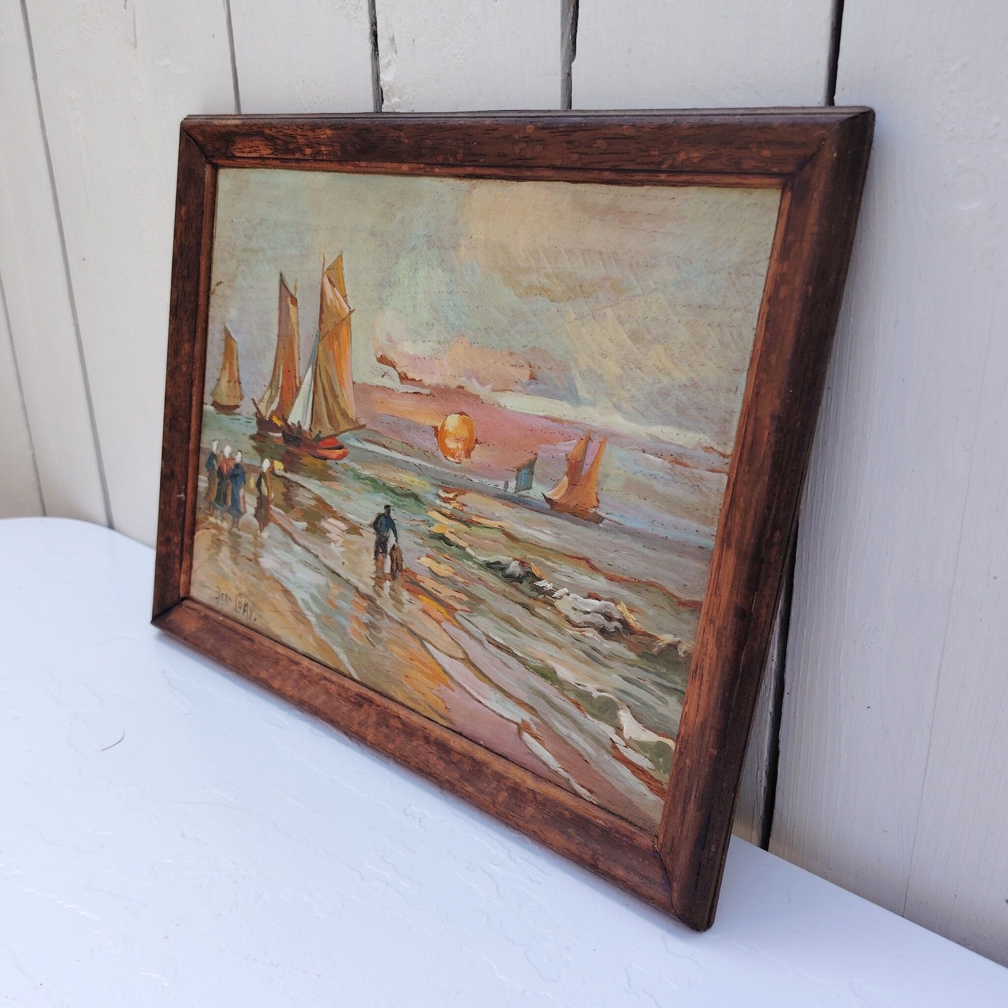Gouache on panel, return from fishing, Jean Lory