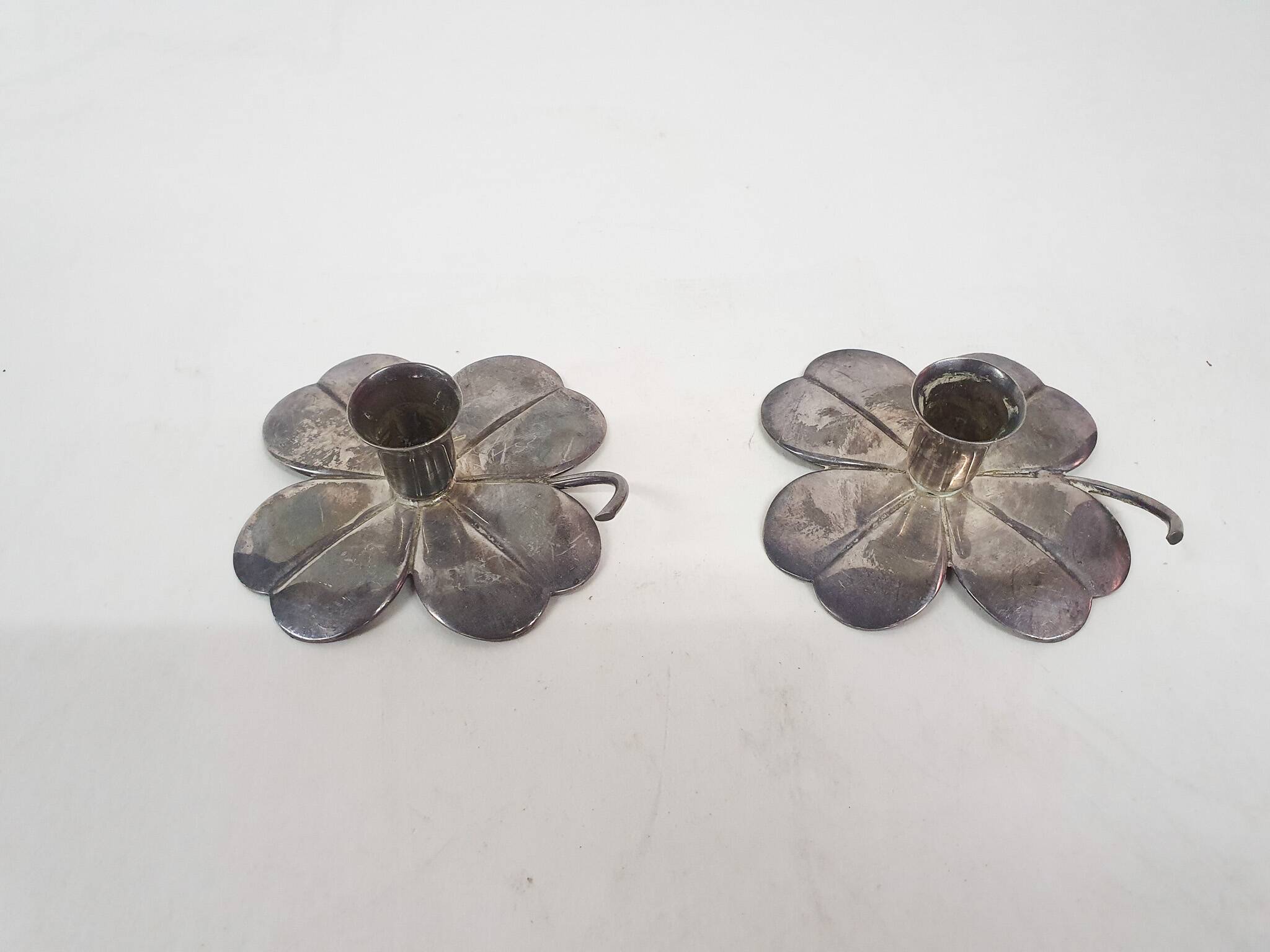 Two silver clover candleholders by Carl Frederik Christiansen, Denmark