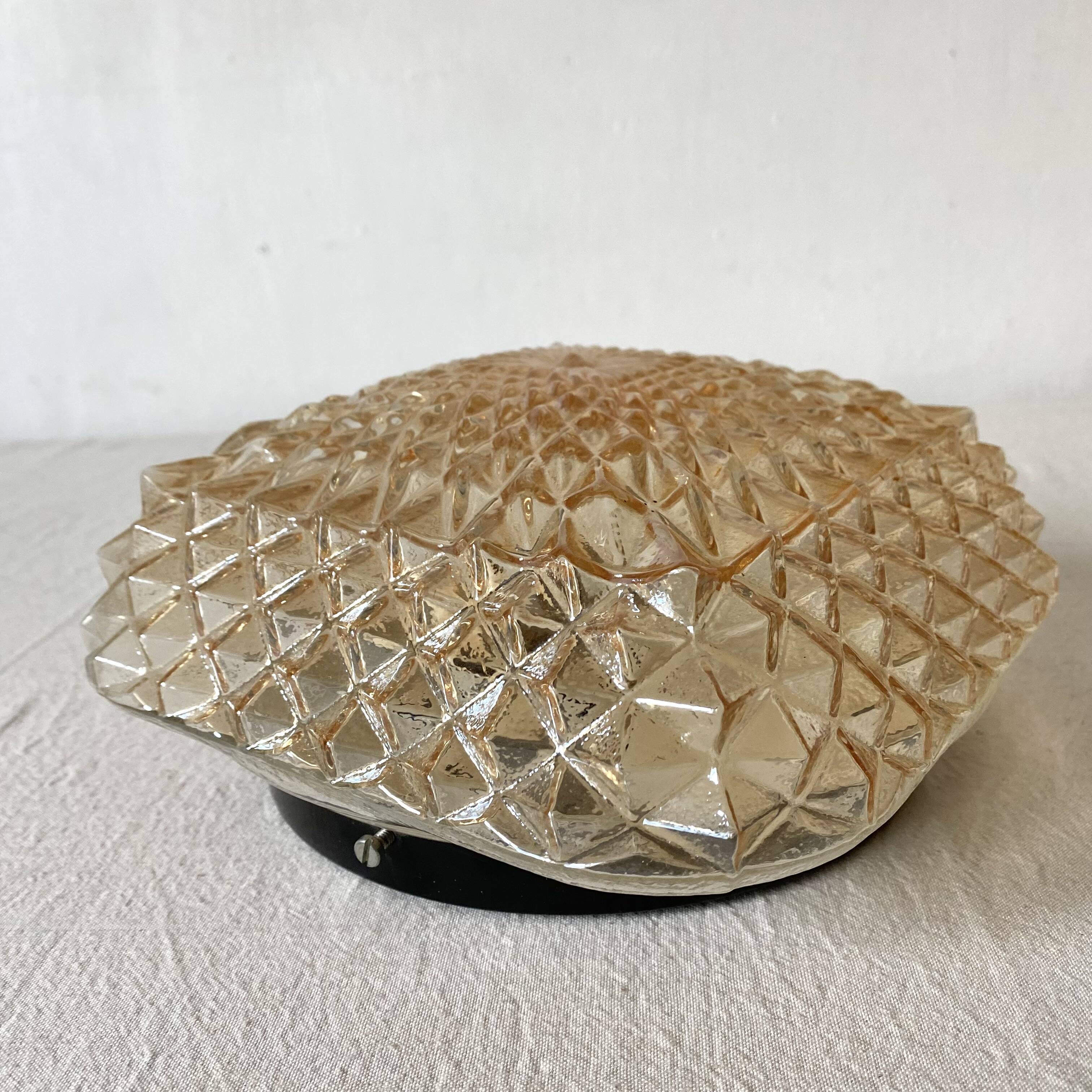 Square ceiling light in iridescent clear amber glass