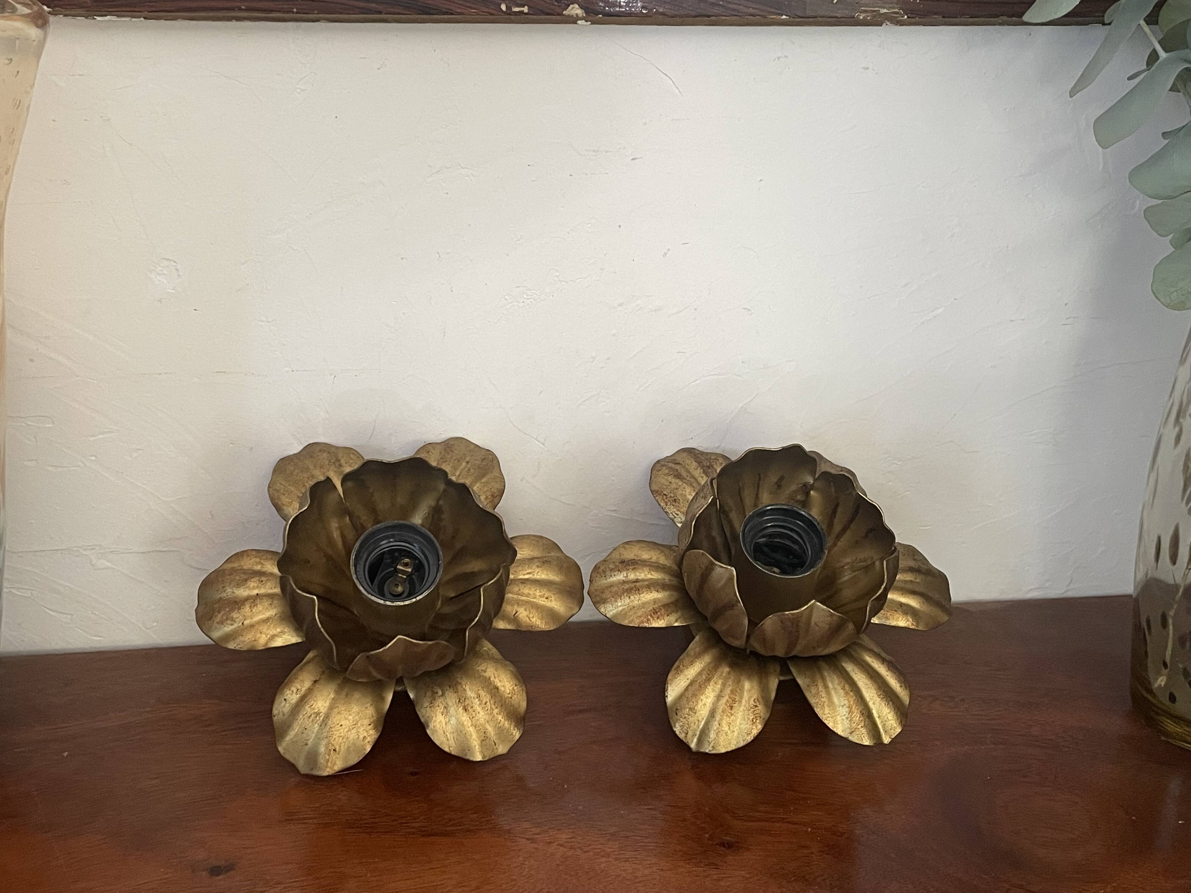 Pair of vintage gold metal flower wall lights