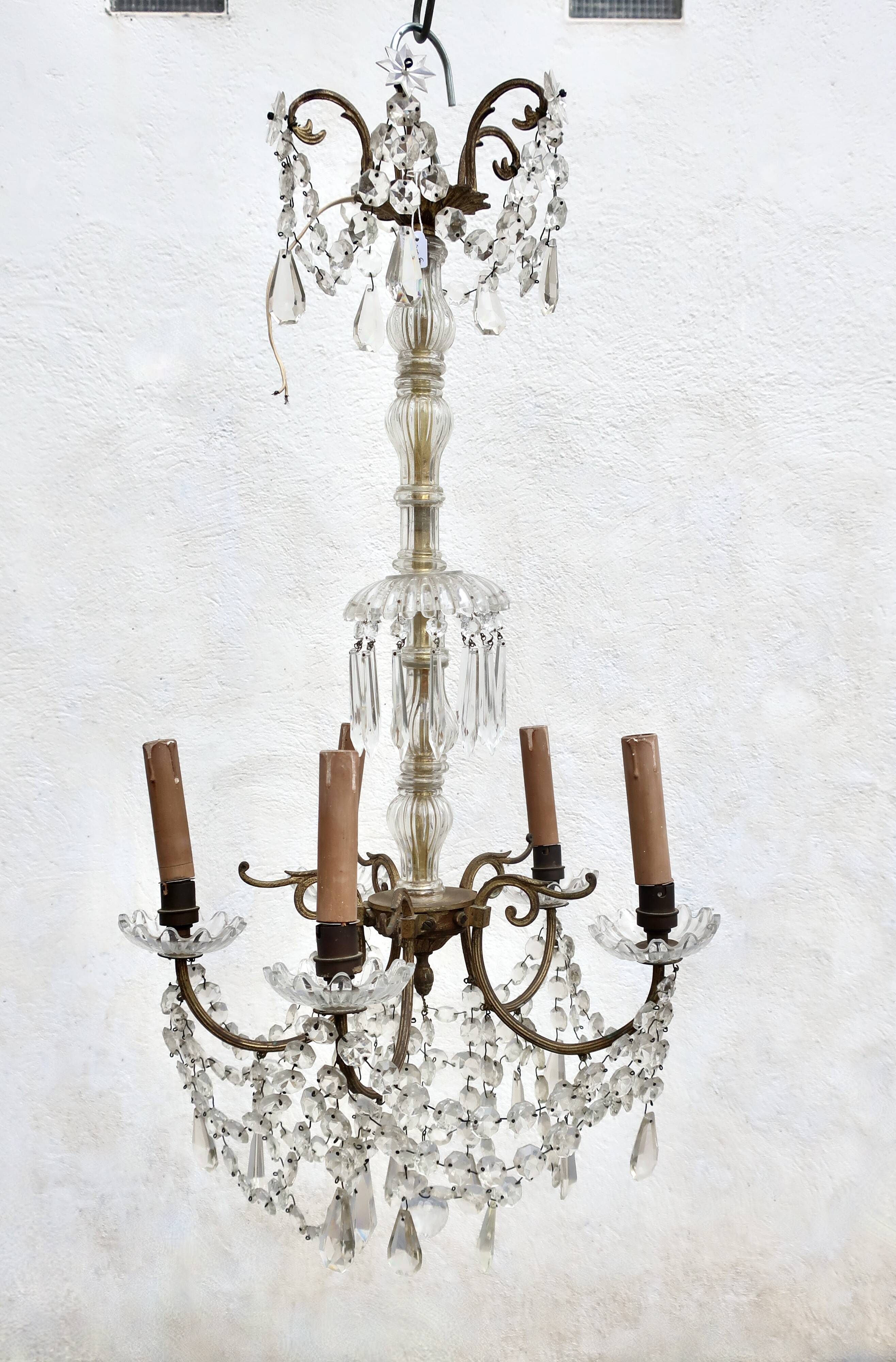 Bronze chandelier with crystal pendants circa 1950, 5 lights, H = 81 cm
