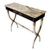 Console vintage en laiton et noyer avec un dessus en onyx