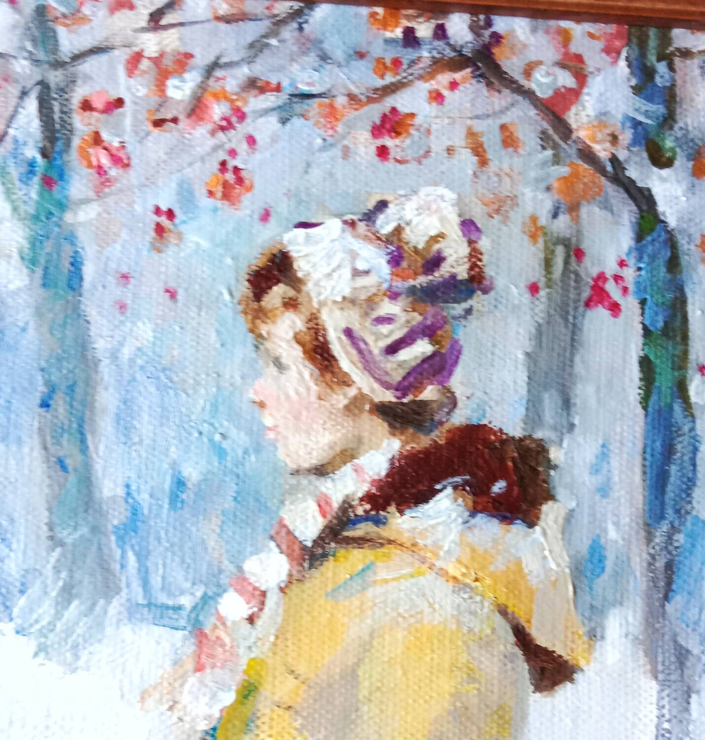 Animated Snowy Landscape Painting Children and their Dog Signed Canvas 20th Century Frame