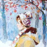 Animated Snowy Landscape Painting Children and their Dog Signed Canvas 20th Century Frame