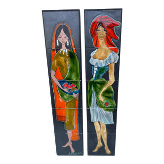 Pair of Belarti ceramic tiles on teak wood