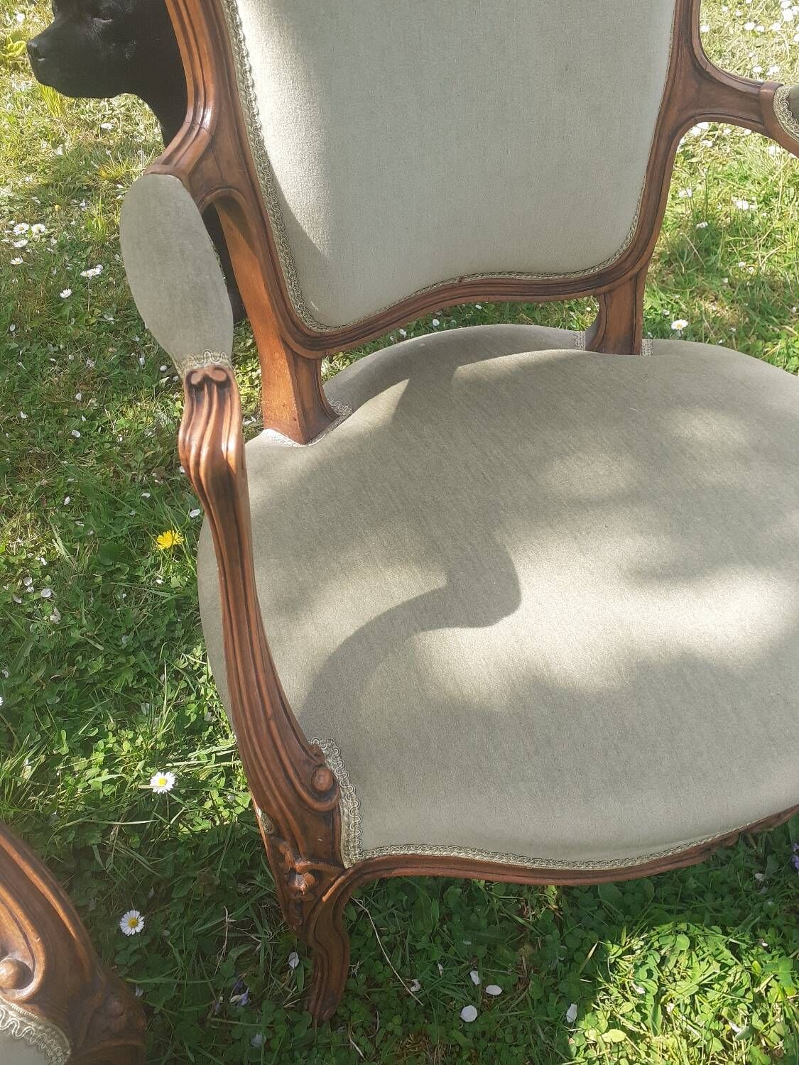 Pair of Rocaille style armchairs in green fabric and walnut, 19th century