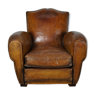 Vintage club chair in cognac leather with mustache on the back France 1940s