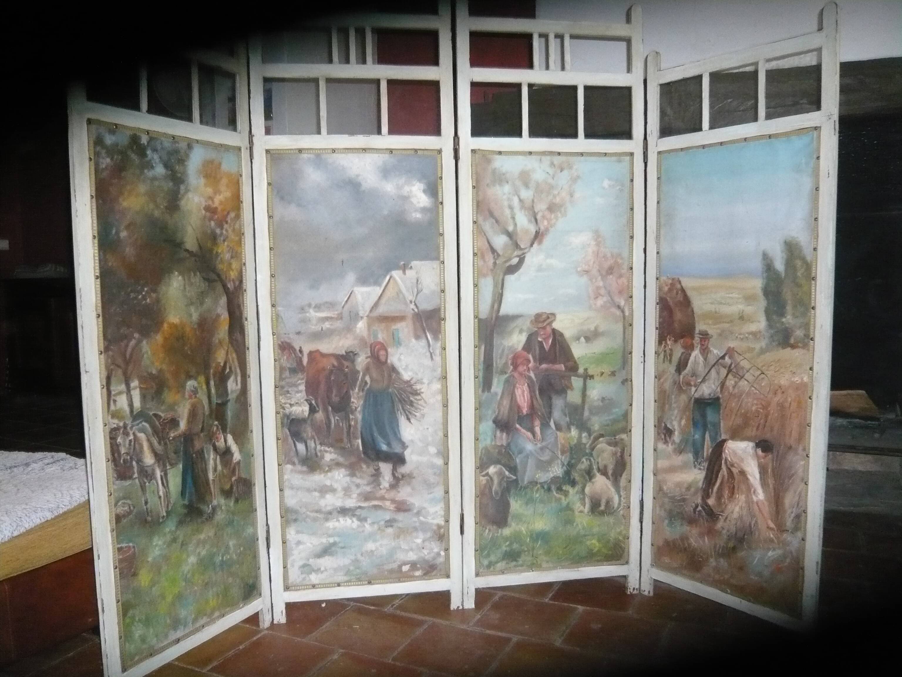 Screen XIX, four painted panels, rural decor. Art Deco style.