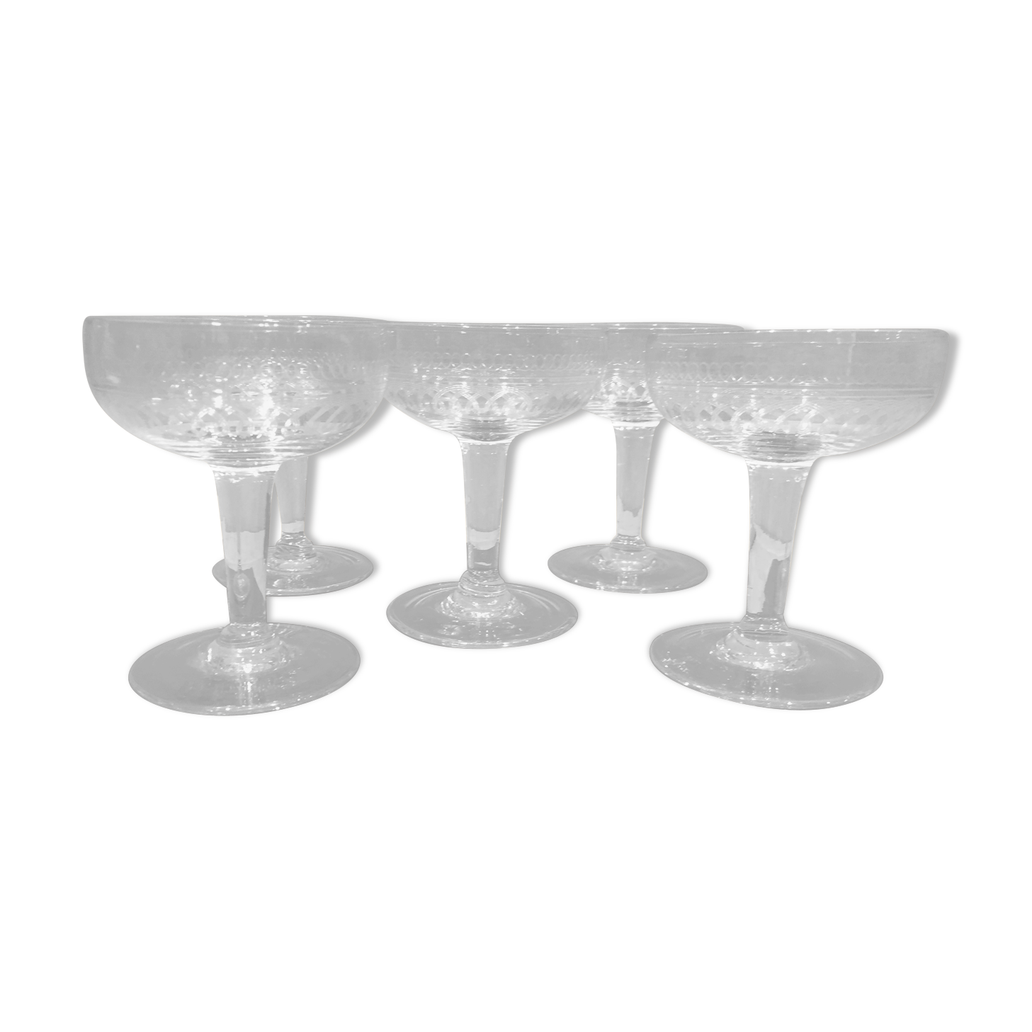 Series of 5 old and engraved champagne glasses