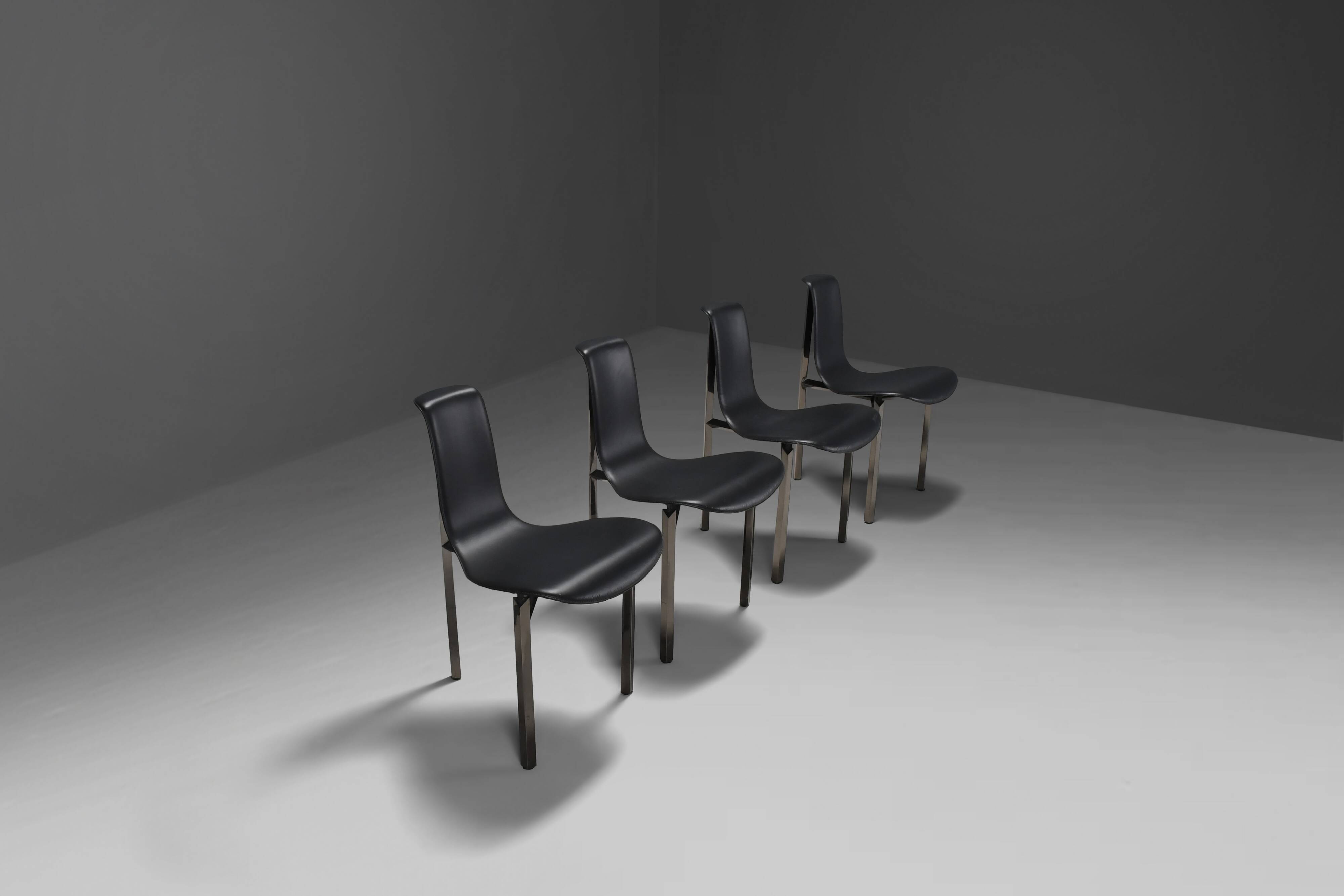 Leather Three-Legged Chairs with Chrome Finishes, Italy, 1970s