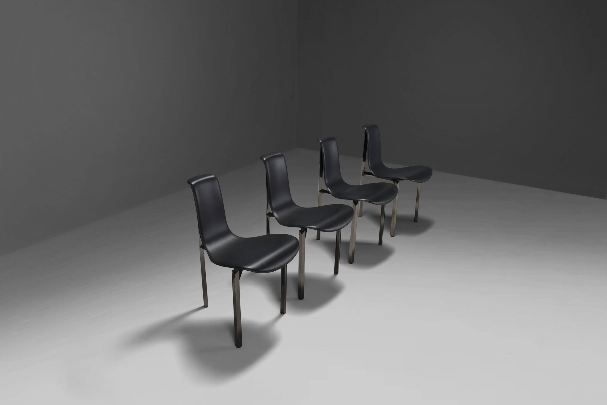 Leather Three-Legged Chairs with Chrome Finishes, Italy, 1970s