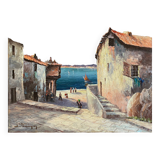 HST Marine painting "Live alley of Calvi" Corsica signed circa 1950