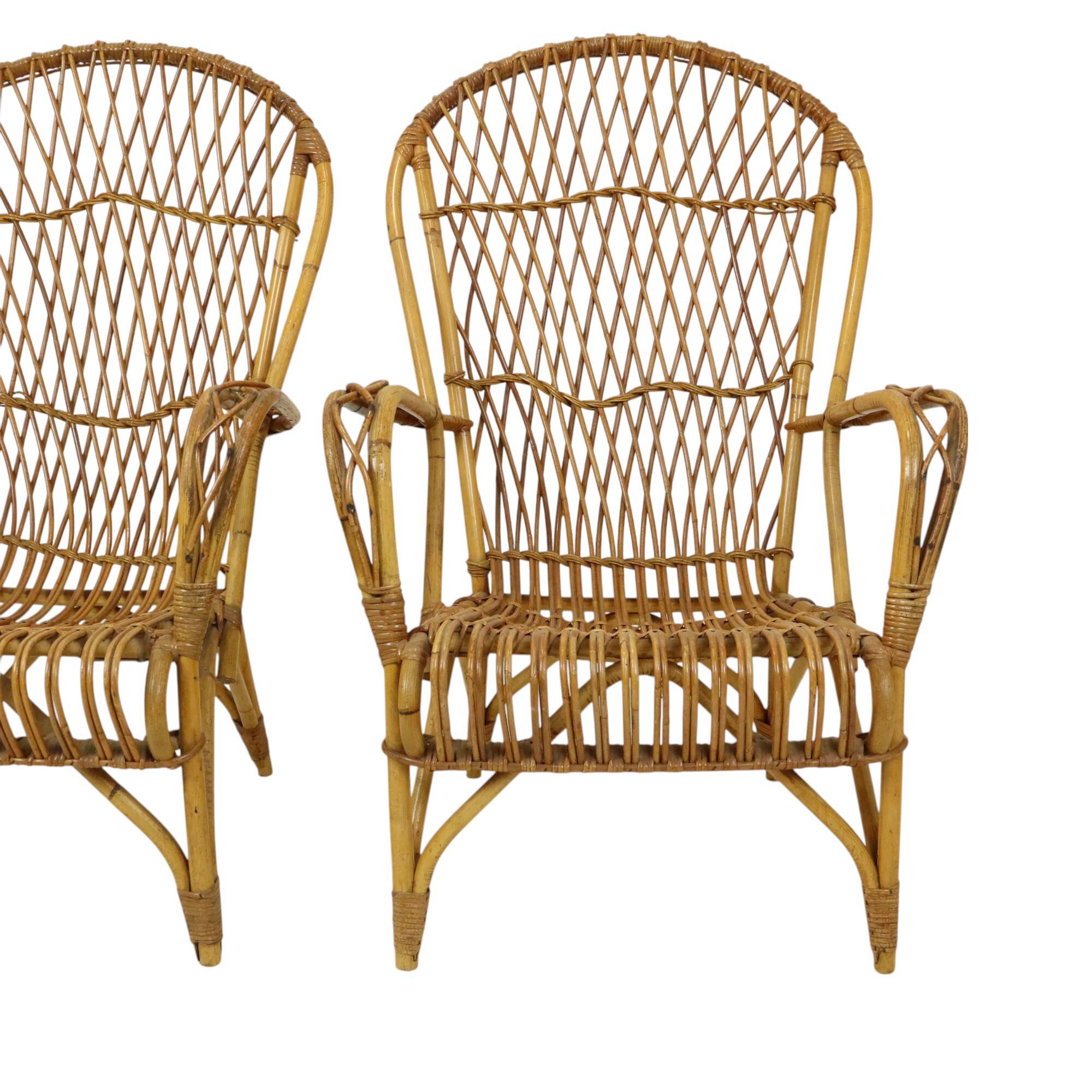Vintage Set Rattan Chairs Armchairs Table Boho Design Sixties