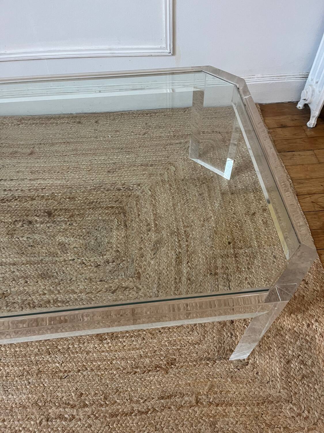 Table basse Athena en altuglas et verre David Lange, années 1970