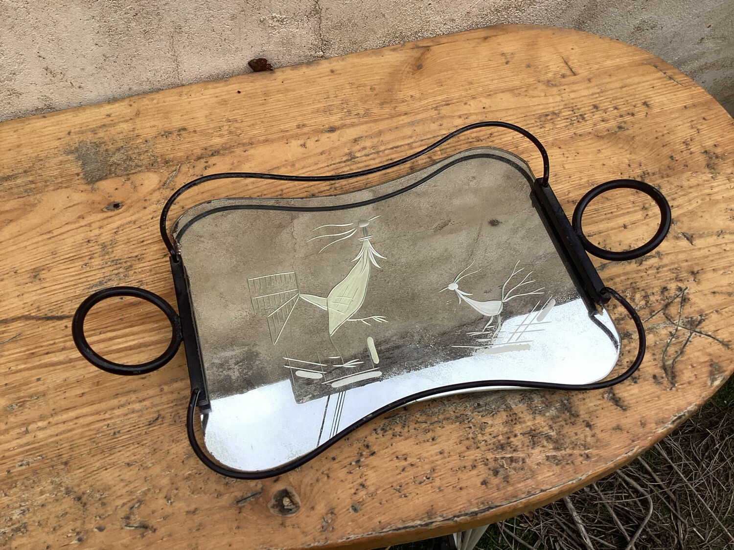 Engraved mirror tray art deco