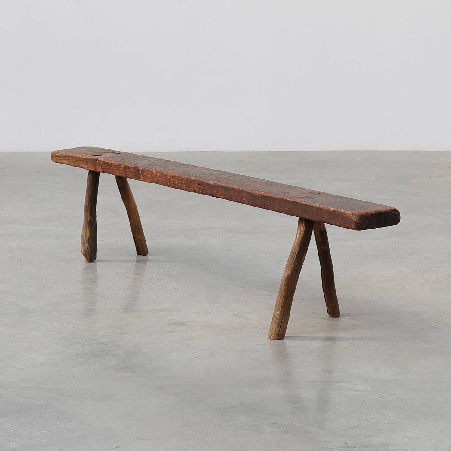 French Primitive Farmhouse Bench with Splayed Legs, 19th Century