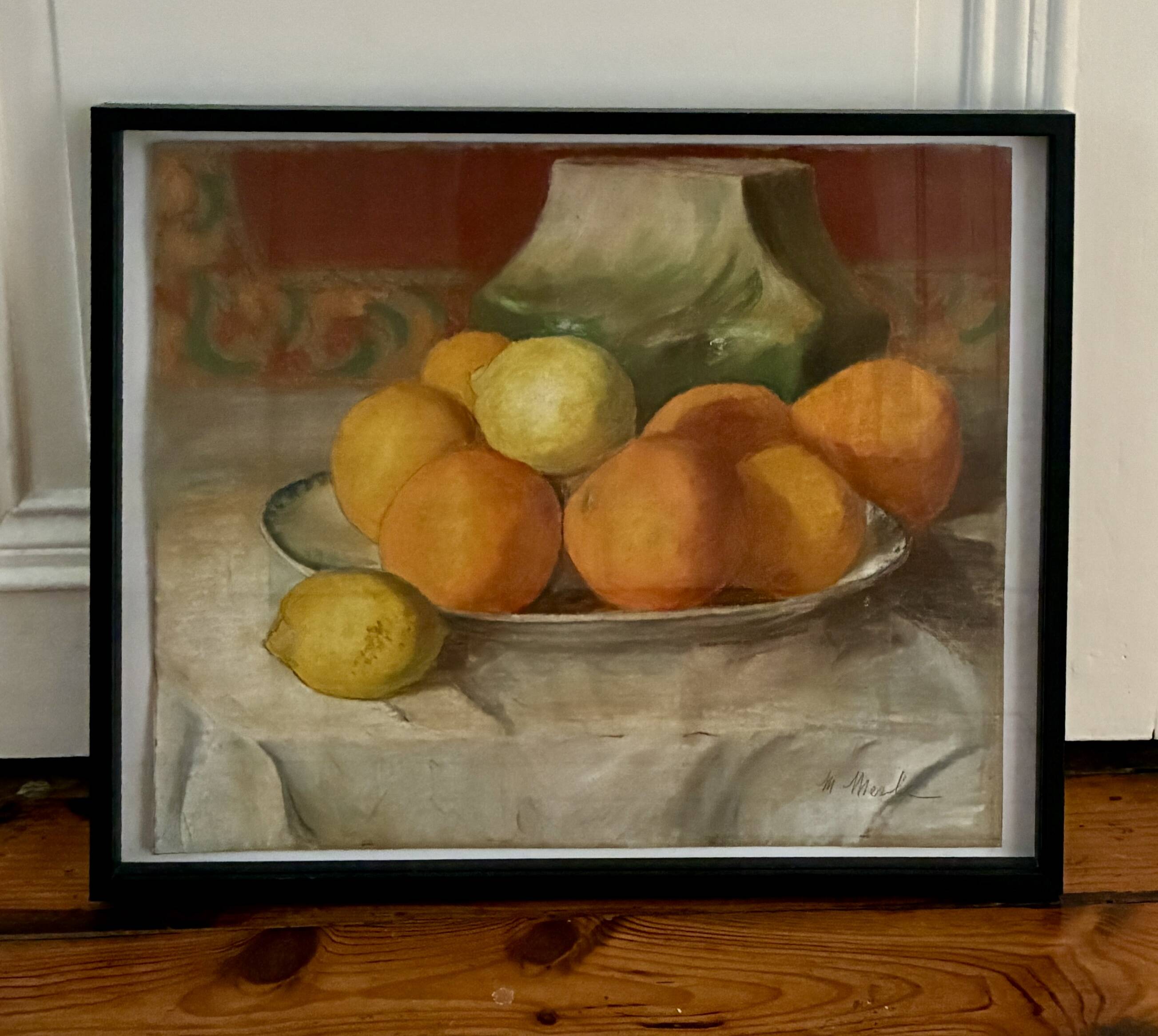 Old painting pastel still life with citrus fruits