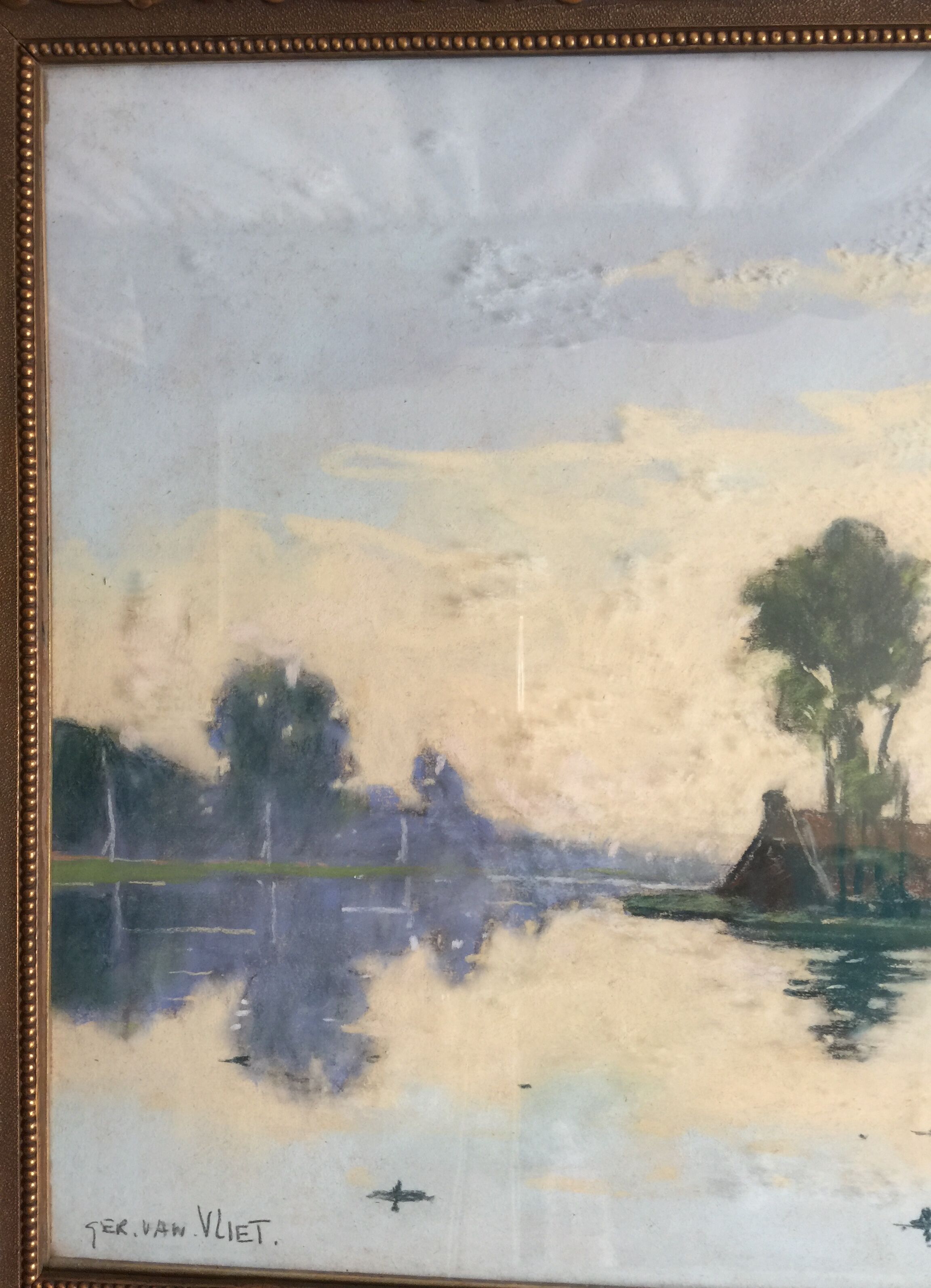 "calm water in holland": large pastel signed "ger van vliet"