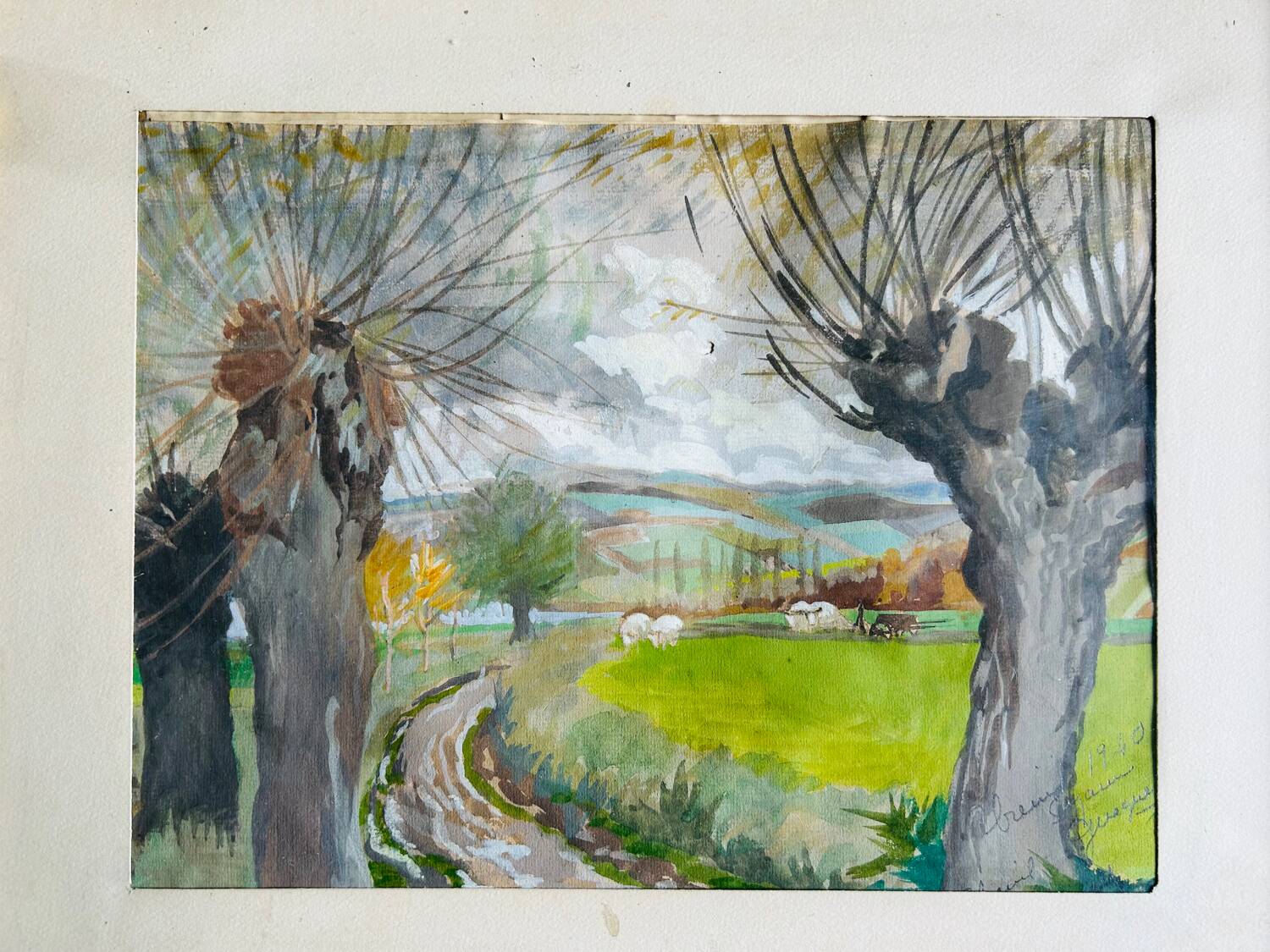 Oeuvre originale, Paysage d'Hiver Breton, Gouache de Suzanne Gueguen, 1940