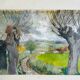 Oeuvre originale, Paysage d'Hiver Breton, Gouache de Suzanne Gueguen, 1940