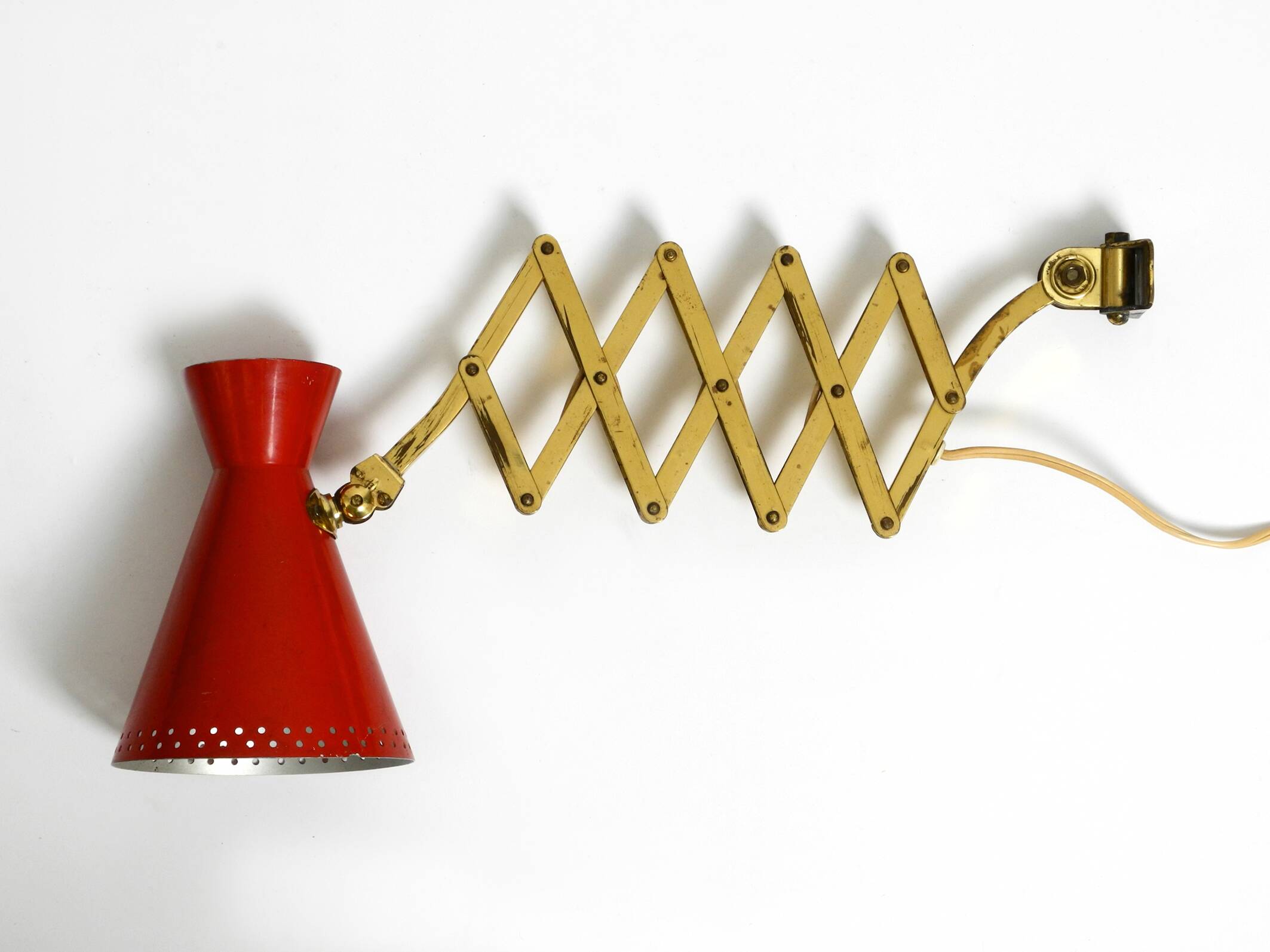 1950s brass extendable scissor wall lamp with aluminum diabolo shade in red