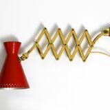 1950s brass extendable scissor wall lamp with aluminum diabolo shade in red