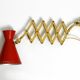 1950s brass extendable scissor wall lamp with aluminum diabolo shade in red
