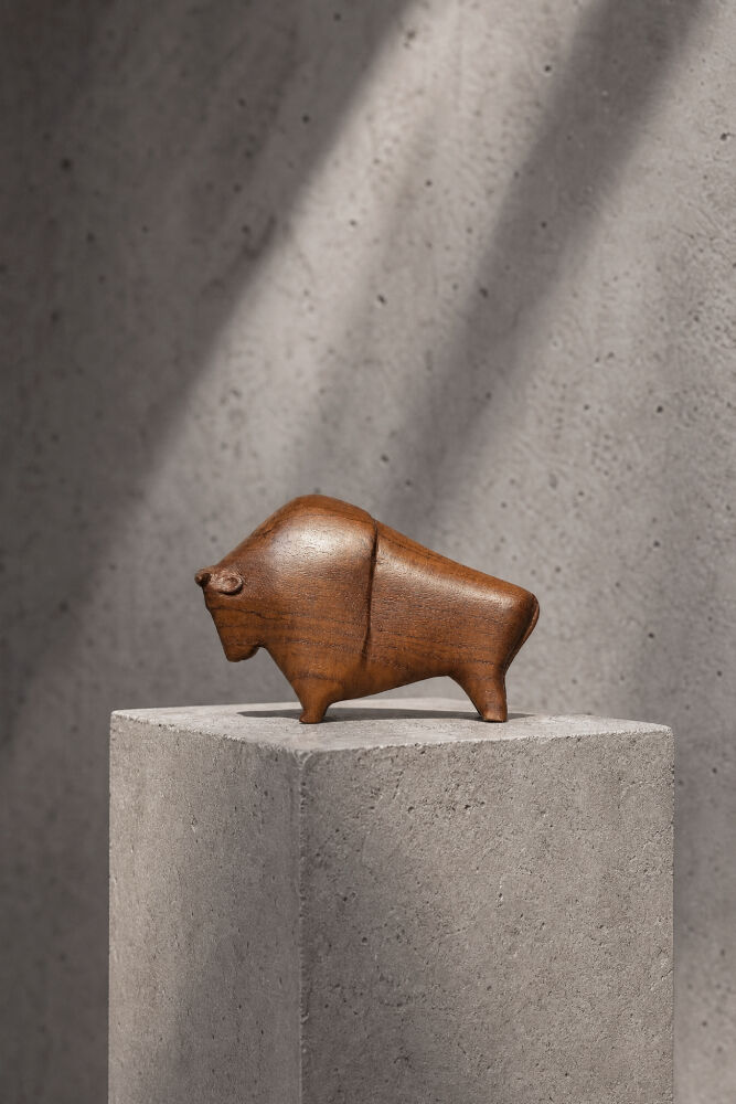Vintage Danish Dark Teak Wood Bison Figurine, 1960s