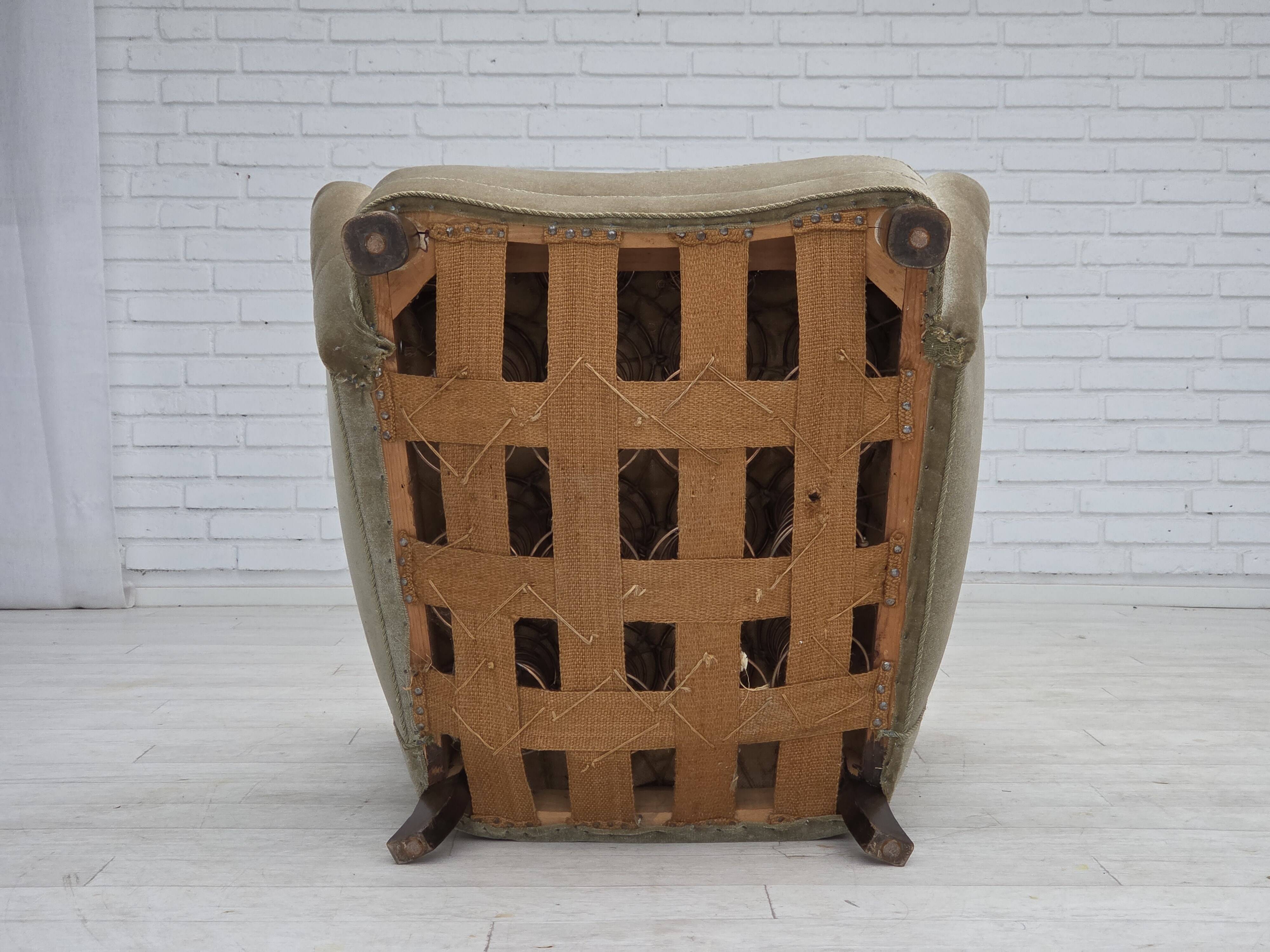 1960s, Danish armchair, green furniture velour, oak wood legs.