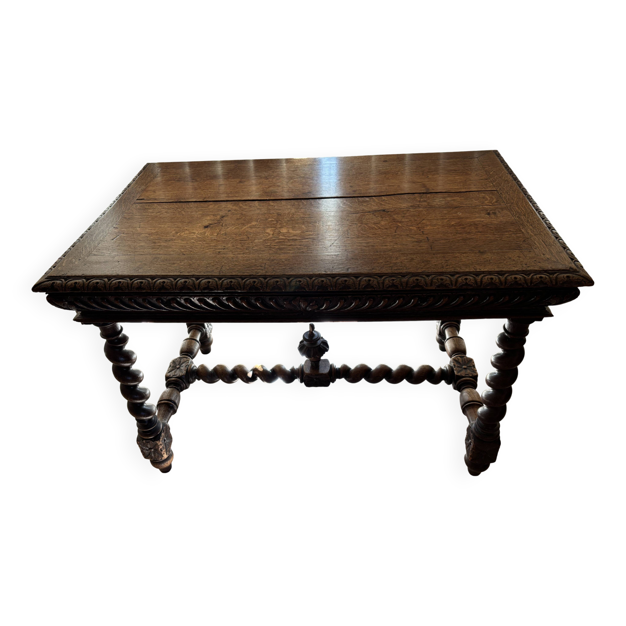 Louis XIII style desk in carved solid oak with twisted legs, late 19th century.