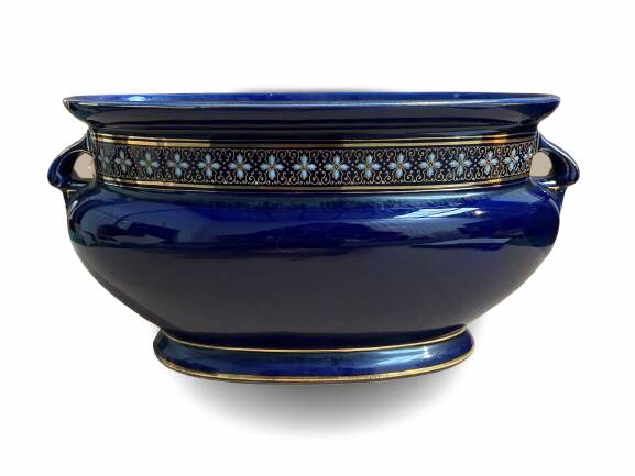 Blue earthenware planter decorated with gold motifs