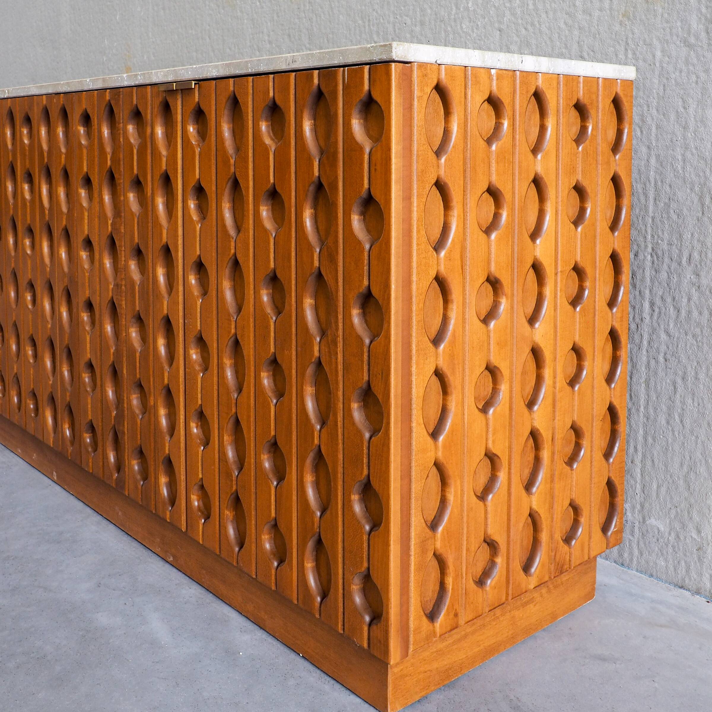 Contemporary Brutalist Carved Wood Sideboard With Travertine Top In review