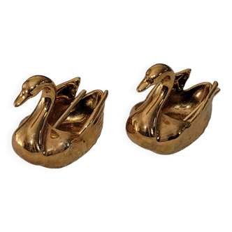 2 golden porcelain swans - vintage