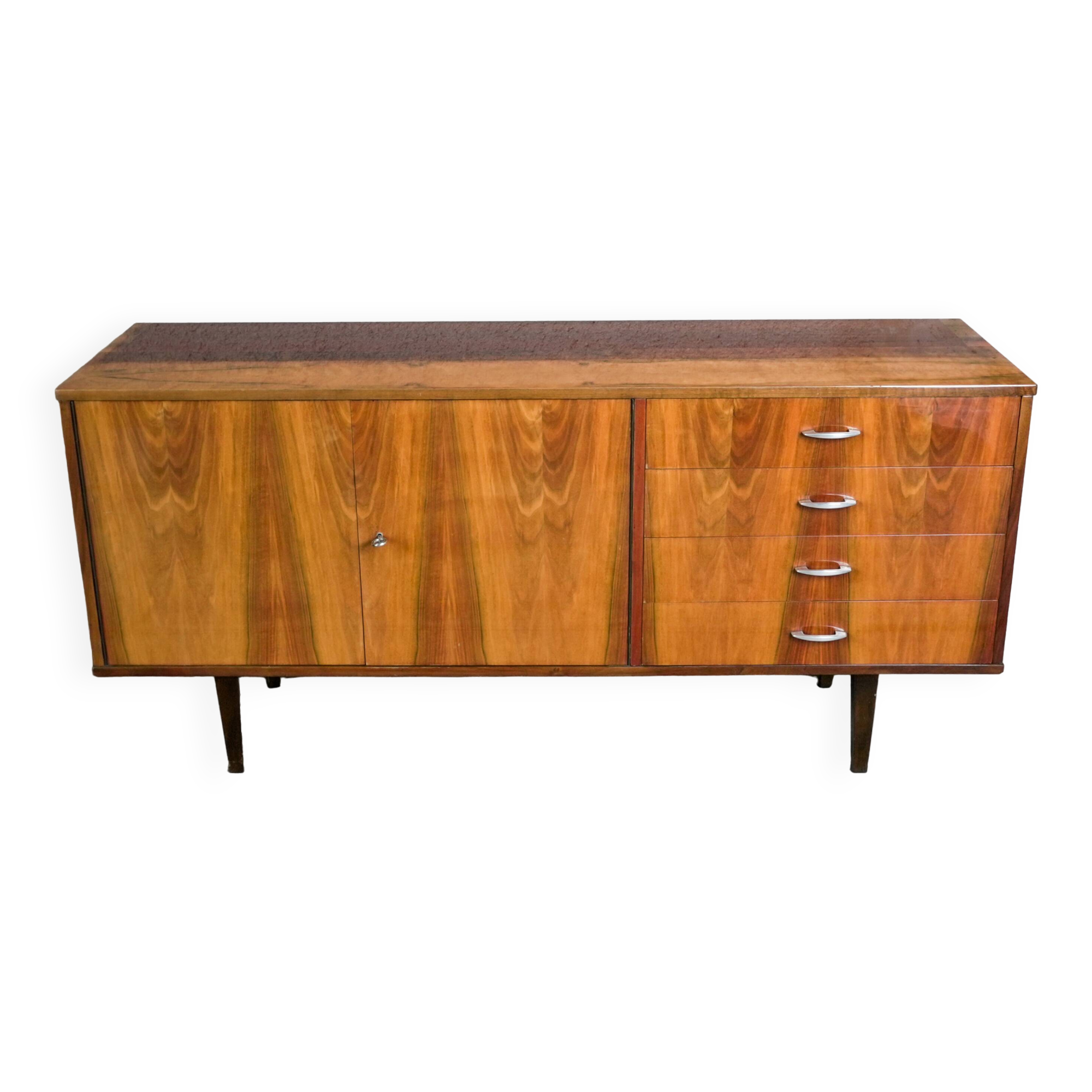 Violetta sideboard/chest of drawers in walnut and mahogany, Piotrkowskie Fabryki Mebli, Poland, 1960.