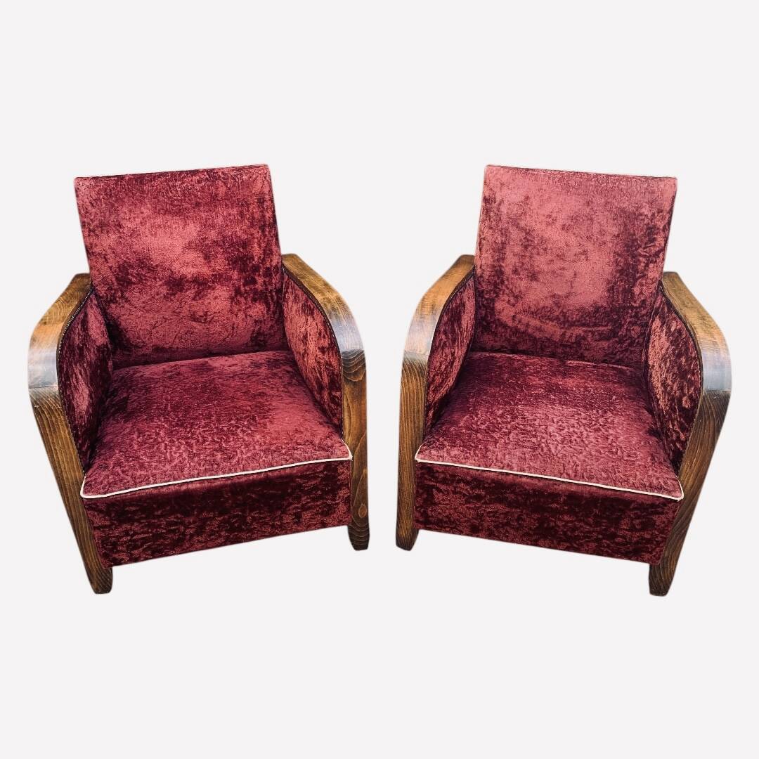 Pair of Art Deco club armchairs in burgundy red velvet, 1930s