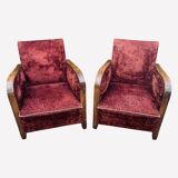 Pair of Art Deco club armchairs in burgundy red velvet, 1930s