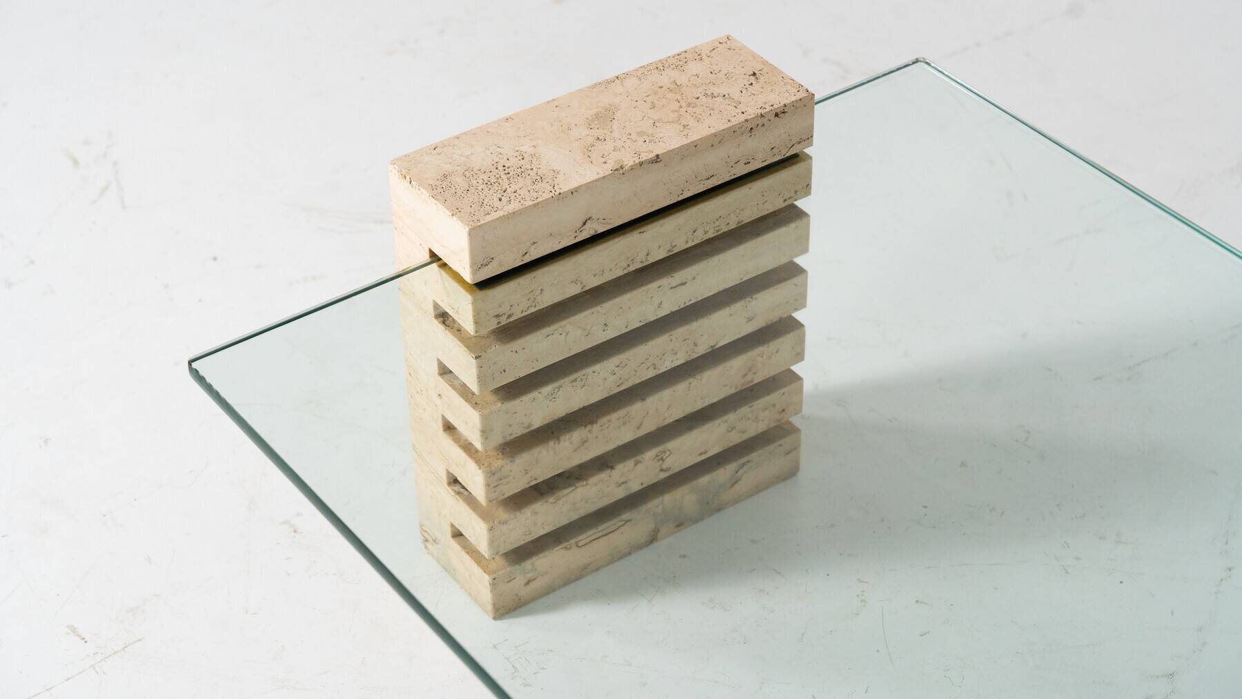 Mid-Century Modern Coffee Table, Glass and Travertine, Italy, 1970S