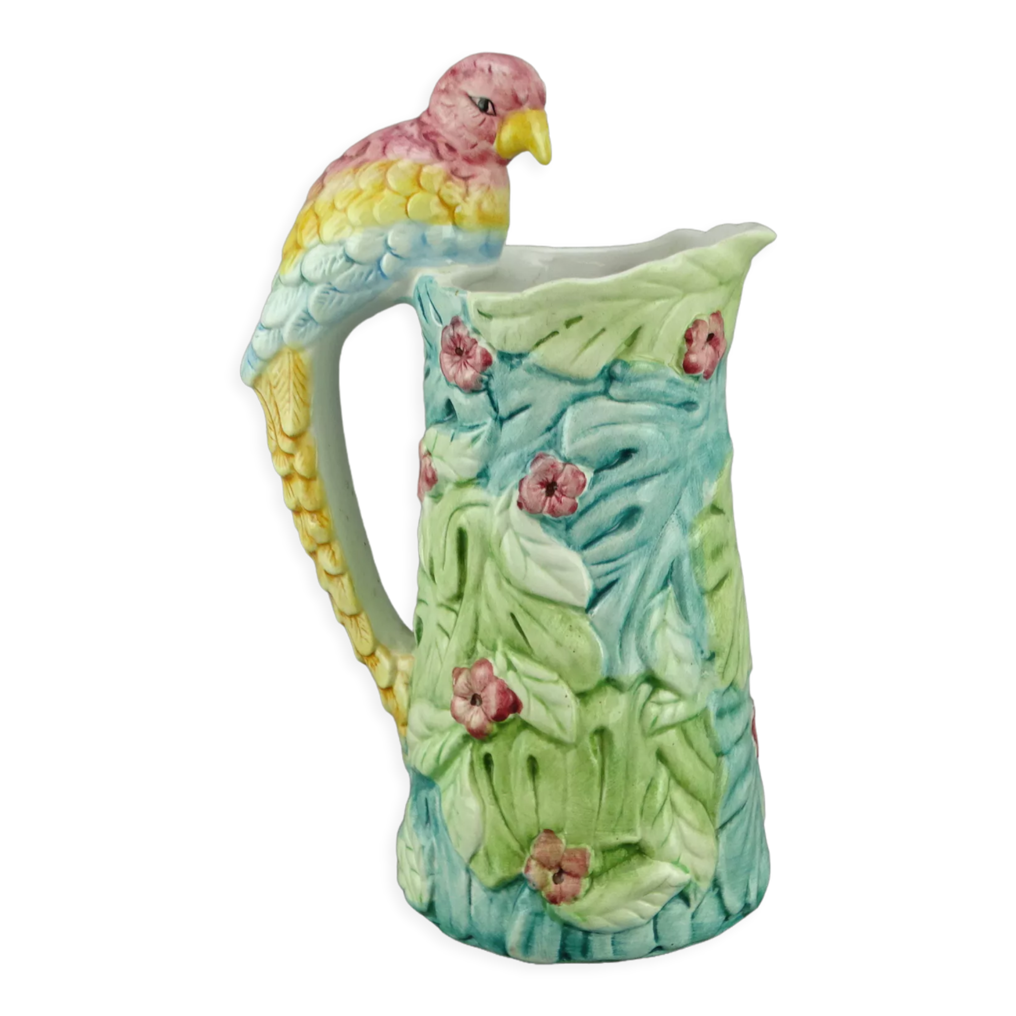 Pitcher parakeet in slip Faience of Portugal Majolica hand painted