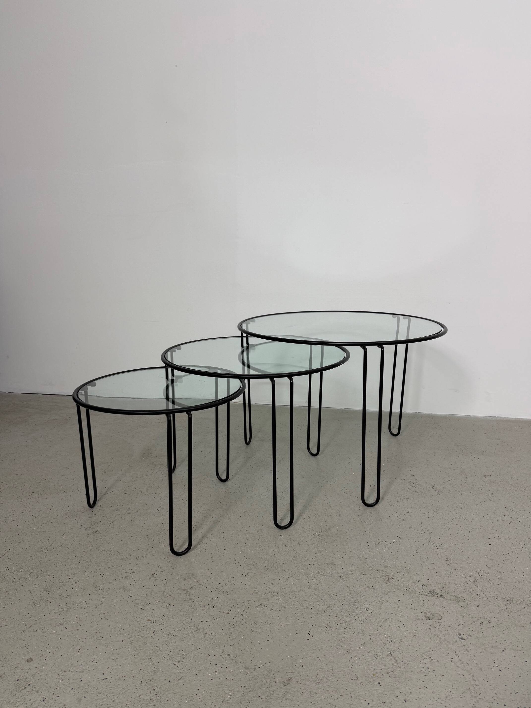 Set of 3 Minimalist Wire and Glass Nesting Tables, 1970s - 1980s