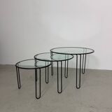 Set of 3 Minimalist Wire and Glass Nesting Tables, 1970s - 1980s