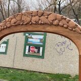 Art Deco mirror in carved arch renovated in solid raw oak wood