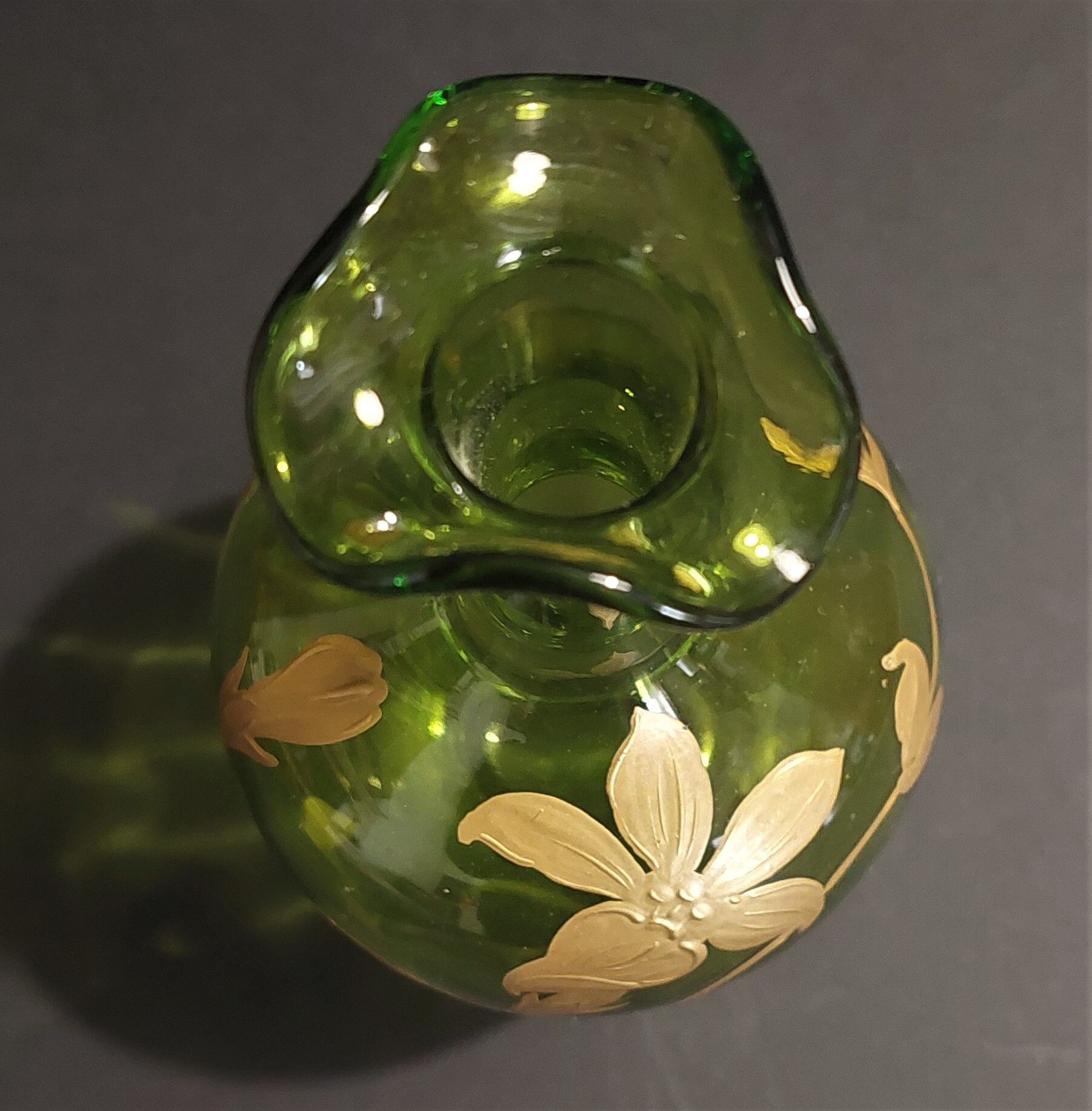 Carafe liquor bottle green and gold decoration early twentieth century