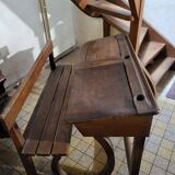 Ancien bureau pupitre d'écolier vintage en bois deux places