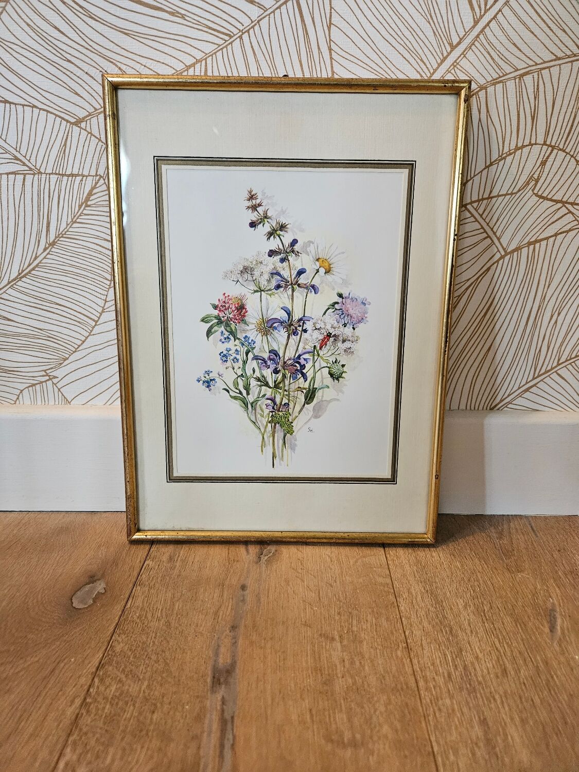 Lithographie bouquet de fleurs sauvages sous cadre doré