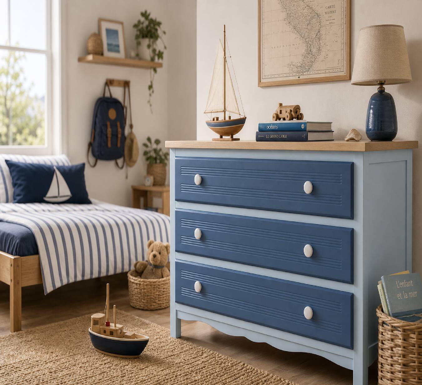 Chest of drawers, seaside spirit, chic and cheerful, vintage, 50s/60s.